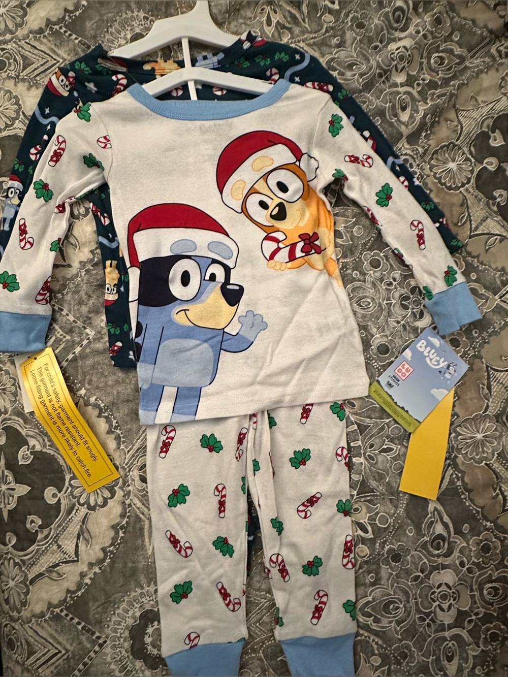 NWT- Bluey Kids Holiday Pajama Set - Light Blue Candy Cane Print